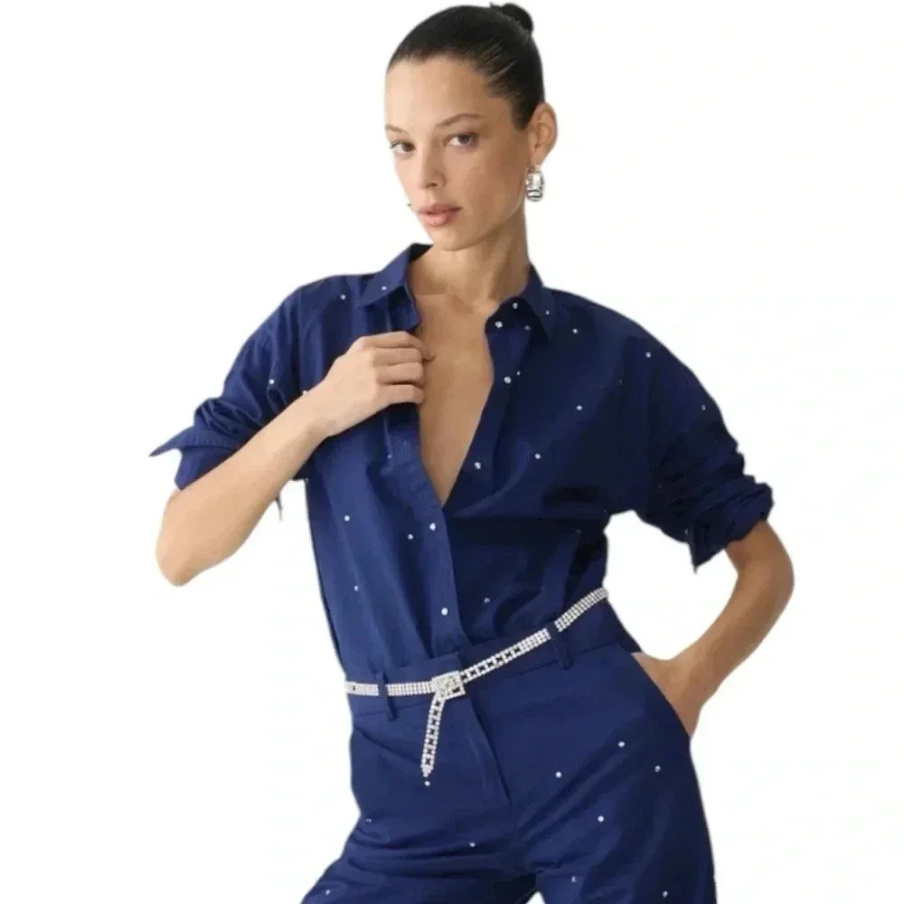 J CREW | Navy Relaxed Fit Chino Cotton Oversized Shirt With Crystals Size M